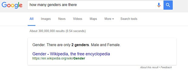 La risposta fornita da Google alla domanda "How many genders are there?", ovvero "Quanti generi ci sono?" è la seguente: "Generi. Ci sono solo due generi. Maschi e femmine", almeno sulla versione inglese del motore di ricerca