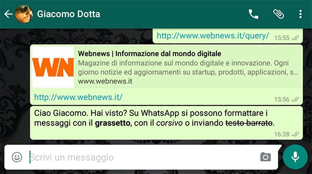 Il testo formattato nei messaggi WhatsApp: grassetto, corsivo e barrato.