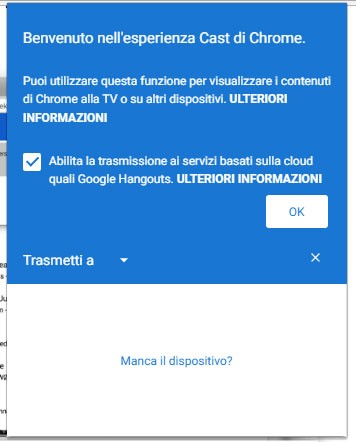 Il messaggio che avvisa gli utenti dell'integrazione di Cast nel browser Chrome