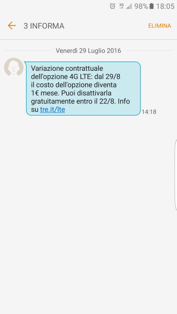 3 Italia, LTE a pagamento: SMS di avviso