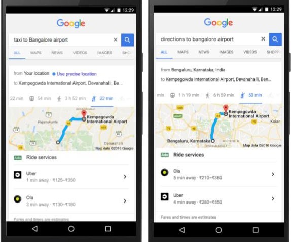 Google mostra le opzioni di ride sharing disponibili per raggiungere la propria destinazione direttamente tra i risultati di una ricerca mobile