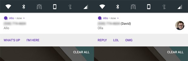 Le Quick Reply nelle notifiche di Allo (a destra la versione 2.0)