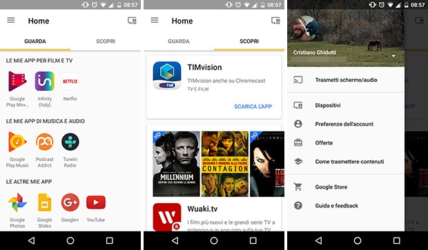 Screenshot per l'applicazione Google Home (ex Google Cast) su smartphone Android