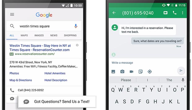 Gli inserzionisti potranno ricevere SMS dai potenziali clienti direttamente attraverso le pubblicità sul motore di ricerca