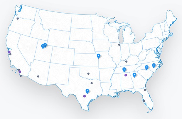 La mappa degli Stati Uniti e le città in cui attualmente è attivo il servizio Google Fiber