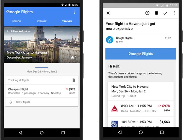 La nuova funzionalità introdotto dall'applicazione Google Ricerca Voli avvisa delle variazioni dei prezzi dei biglietti aerei