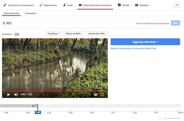 L'interfaccia per aggiungere le Schermate Finali ai video di YouTube