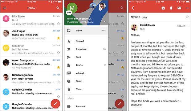 L'applicazione ufficiale di Gmail per iOS, in azione su iPhone, con un'interfaccia completamente ridisegnata e in linea con lo stile del Material Design