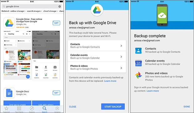 I tre step necessari per effettuare il backup dei contenuti dell'iPhone sulla piattaforma Google Drive, così da facilitare lo switch verso un dispositivo Android