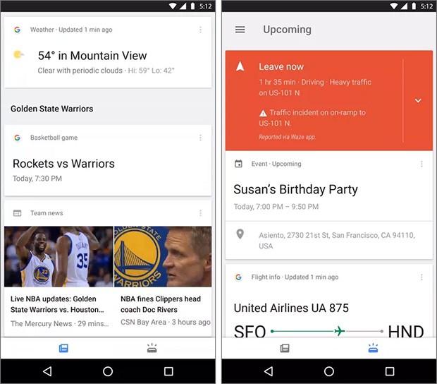 A sinistra la sezione "Feed" di Google Now, a destra quella chiamata "Upcoming"
