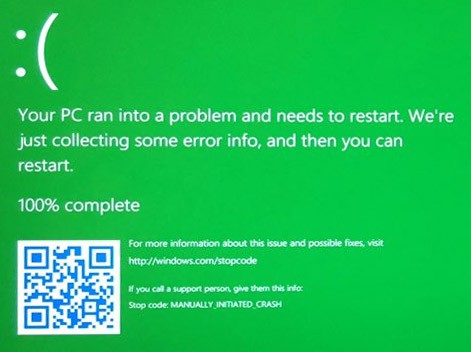 Il Green Screen of Death, che nelle prossime versioni di Windows 10 potrebbe sostituire il ben noto e temibile Blue Screen of Death