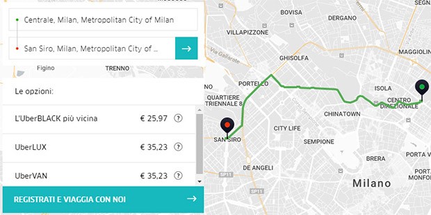 Una stima sulle tariffe di Uber per viaggiare a Milano, dalla stazione centrale allo stadio San Siro