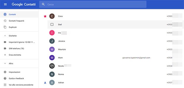 La nuova interfaccia della versione Web di Google Contatti, completamente rinnovata dal gruppo di Mountain View con un restyling che rispetta appieno le linee guida dettate dal Material Design