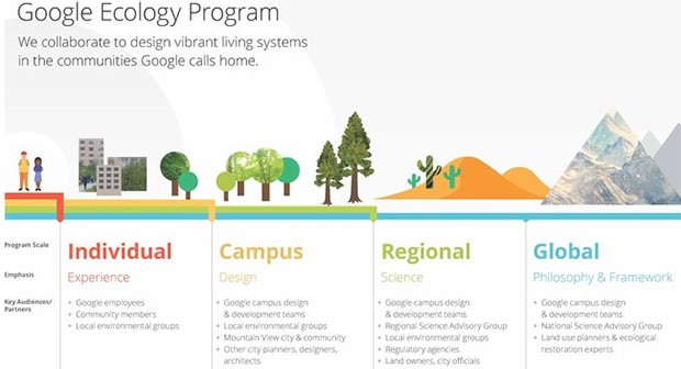 I diversi livelli di attuazione dell'Ecology Program messo in campo da Google