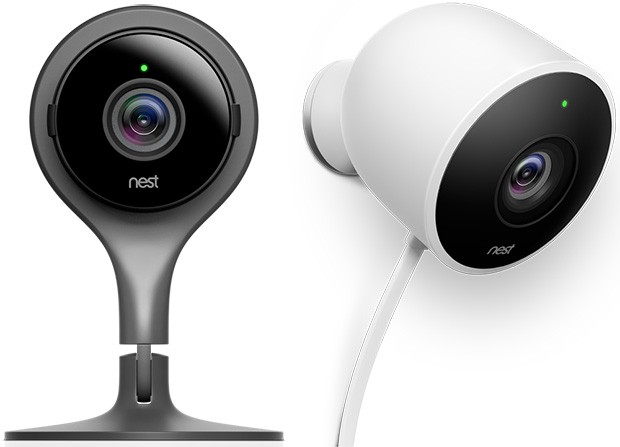 La videocamera per la sorveglianza di interni Nest Cam Indoor (a sinistra) e quella per esterni Nest Cam Outdoor (a destra)