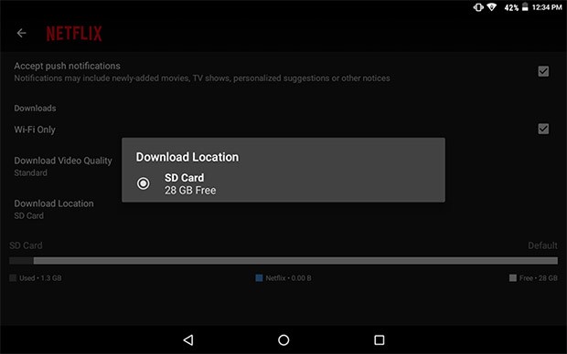 La nuova funzionalità introdotta da Netflix nella sua applicazione ufficiale per dispositivi Android, che permette di salvare i contenuti per la visione in modalità offline anche all'interno delle schede microSD