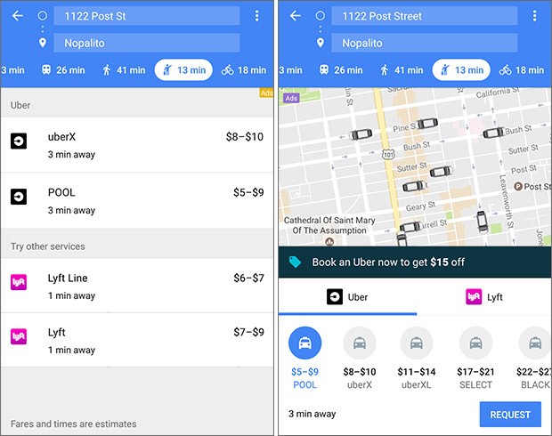 La vecchia interfaccia della schermata di Google Maps dedicata ai servizi di ride sharing (a sinistra) e quella ridisegnata introdotta con il nuovo aggiornamento (a destra)