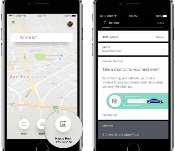 L'applicazione di Uber è in grado di impostare la destinazione di un viaggio in base alle informazioni contenute negli appuntamenti del calendario