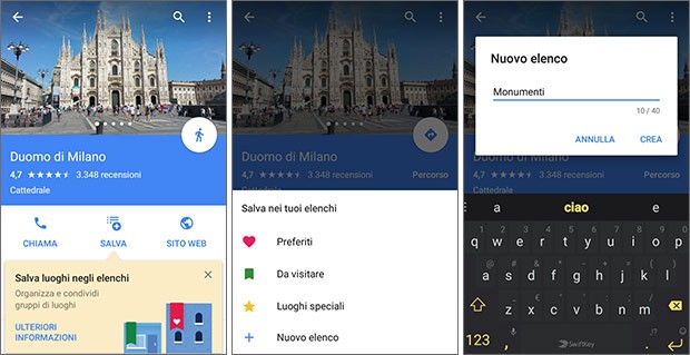 Screenshot per la nuova funzionalità di Google Maps che permette di creare e condividere elenchi con i luoghi preferiti dagli utenti