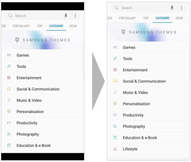 A sinistra le app ottimizzate per un aspect ratio massimo pari a 16:9, a destra l'interfaccia che supporta e sfrutta correttamente i 18:9