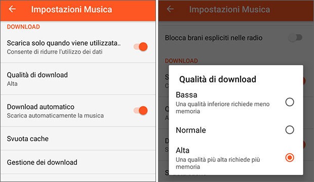 L'aggiornamento alla versione 7.5.4518 dell'app Google Play Musica per Android consente di selezionare la qualità dei brani da scaricare nella memoria interna dei dispositivi mobile