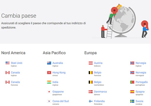 La pagina Country Picker consente di accedere ai Google Store di tutto il mondo, indipendente dal paese di provenienza