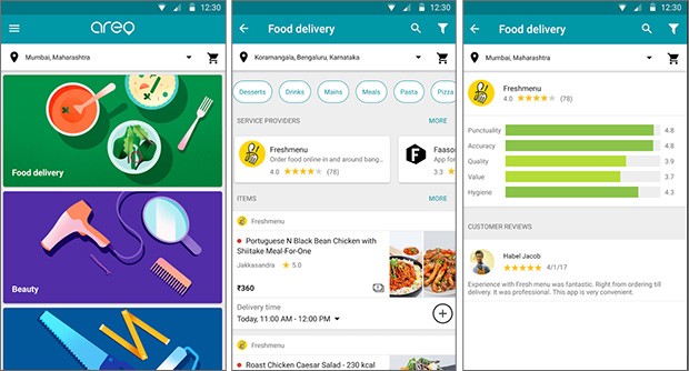 Screenshot per l'applicazione Areo di Google dedicata al food delivery, al momento un'esclusiva per l'India