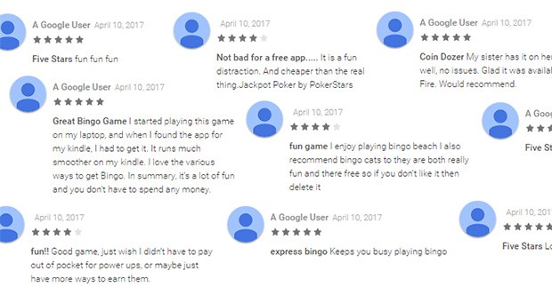 Alcuni esempi di recensioni false per le applicazioni di Play Store, un fenomeno che Google sta cercando di combattere