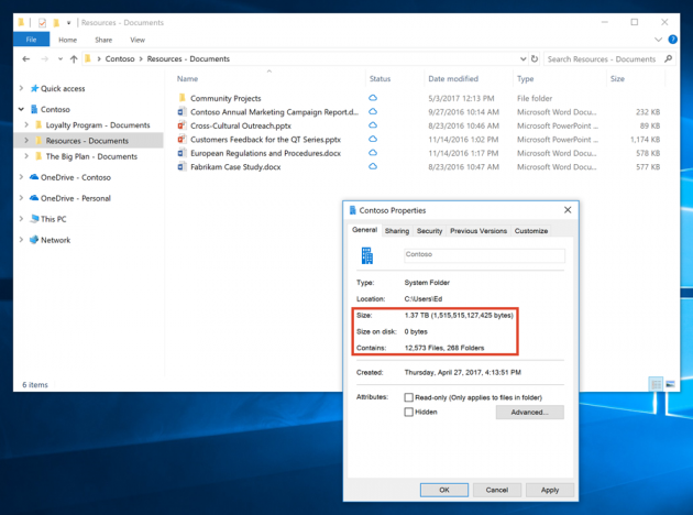 La cartella selezionata occupa 1,37 TB su OneDrive, ma zero byte su disco.