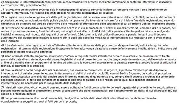 La parte del testo di legge dove si citano i captatori informatici.