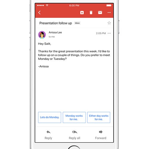 Le Smart Reply, già viste nella casella di posta elettronica Inbox e all'interno dell'applicazione Allo di Google, arrivano ufficialmente anche su Gmail