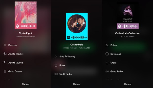 Alcuni esempi dei codici introditti da Spotify per la condivisione delle canzoni
