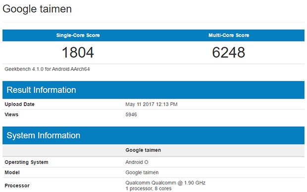 Il benchmark di Google Taimen, con tutta probabilità uno degli smartphone Pixel di seconda generazione, già equipaggiato con il sistema operativo Android O durante la fase di test