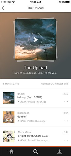 Un esempio di playlist The Upload, offerte dalla piattaforma di streaming SoundCloud per scoprire nuova musica