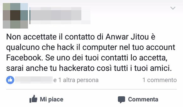 Questo il post che circola su Facebook e invita a non aggiungere Anwar Jitou all'elenco dei propri amici