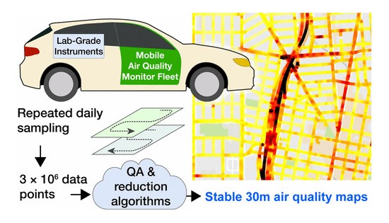 La mappa della città di Oakland disegnata dalle Google Car mediante la rilevazione delle sostanze inquinanti presenti nell'aria