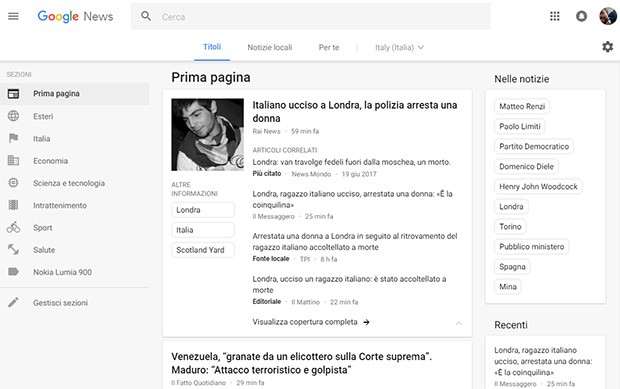 La nuova interfaccia di Google News, in stile Material Design e con un layout fluido che si adatta a qualsiasi tipo di schermo