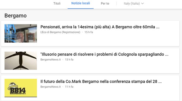 La sezione "Notizie locali" di Google News con i fatti più rilevanti accaduti nei dintorni dell'utente