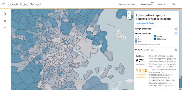 Project Sunroof Data Explorer: informazioni sugli impianti solari installati sui tetti delle abitazioni, sulla base delle immagini aeree analizzate da un sistema di machine learning