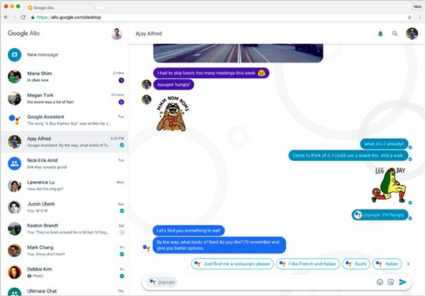 L'interfaccia del client desktop di Google Allo, per interagire con le chat direttamente dal computer