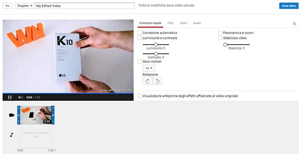 L'interfaccia dell'Editor Video messo a disposizione da YouTube, online e accessibile fino al 20 settembre