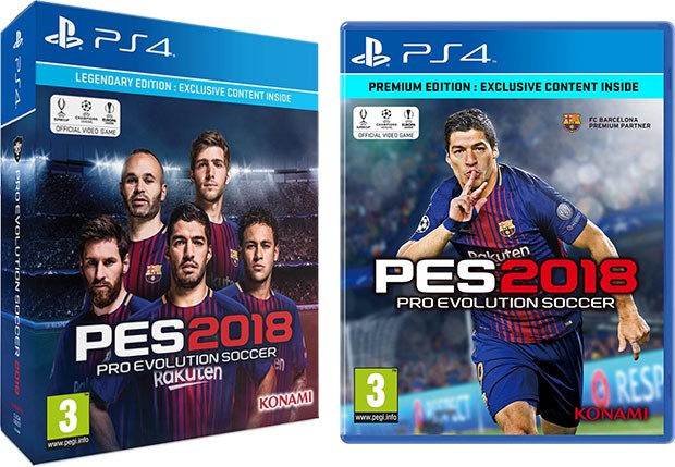 A sinistra la Legendary Edition di PES 2018 con in copertina i talenti del Barcellona, a destra la cover della Premium Edition dove figura in solitaria il bomber Luis Suárez