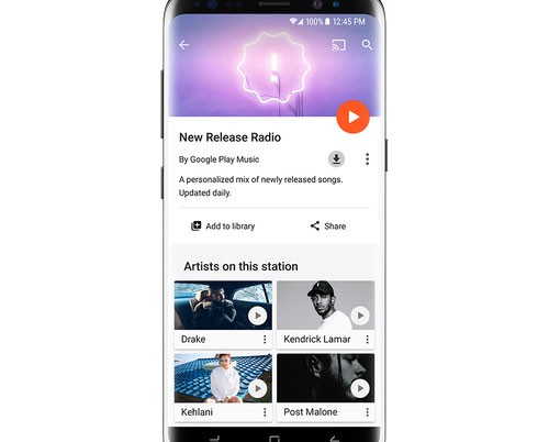 La playlist New Release Radio, qui immortalata su Samsung Galaxy S8, permette di scoprire le novità in streaming sulla piattaforma Play Musica