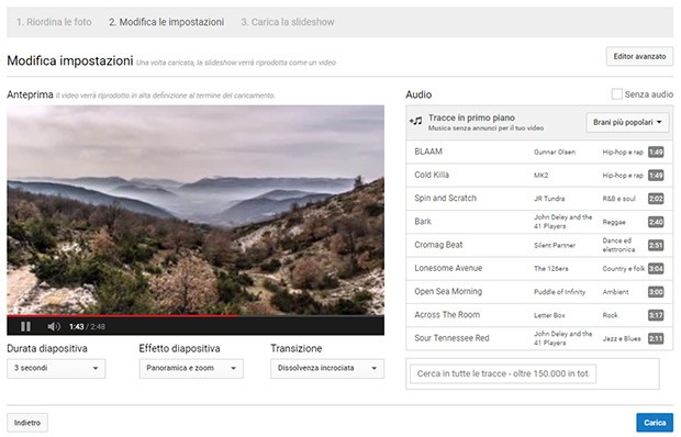 L'interfaccia dell'editor per le Slideshow Fotografiche messo a disposizione da YouTube, online e accessibile fino al 20 settembre