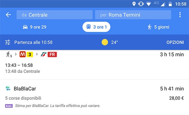 L'applicazione mobile di Google Maps segnala già anche in Italia la possibilità di scegliere BlaBlaCar come sistema di trasporto per gli spostamenti sulle lunghe distanze