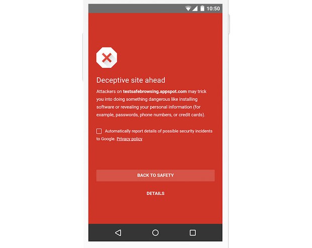 Un avviso mostrato dalla tecnologia Safe Browsing su dispositivo mobile