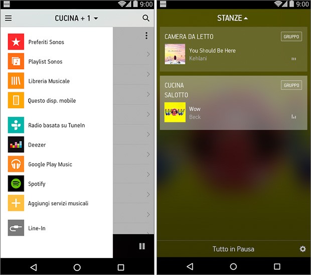 Screenshot per l'applicazione mobile Sonos Controller che permette di controllare i dispositivi audio del produttore da smartphone e tablet