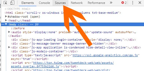 Fare click sulla voce "Sources" tra gli strumenti per sviluppatori di Chrome
