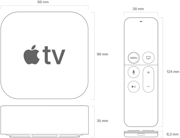 Il design e le dimensioni di Apple TV 4K e del telecomando in dotazione con il set-top box