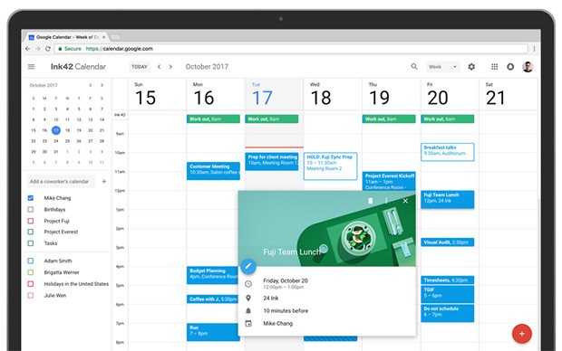 La nuova interfaccia di Google Calendar accessibile da browser desktop, con un layout in pieno stile Material Design